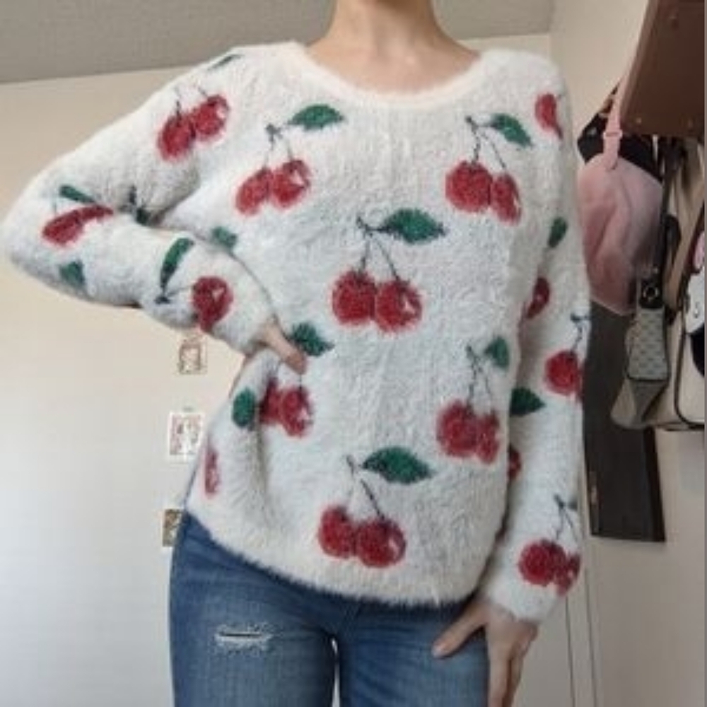 Shrinking Violet Cherry Sweater. Fuzzy Cozy sweet sweater  Medium